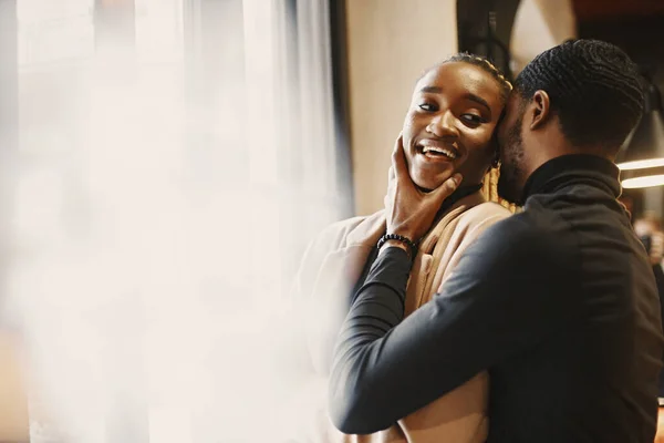 Two Young People Cafe African Couple Enjoying Time Spending Each — Stok fotoğraf