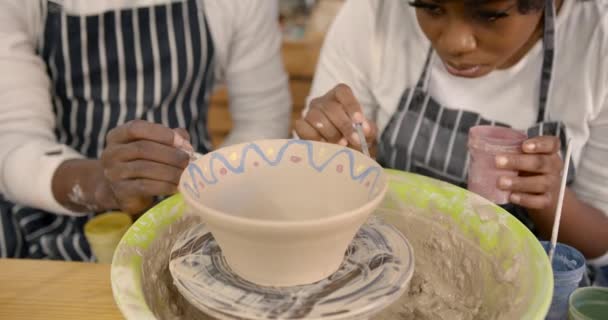 Couple Smiling While Doing Creative Painting Bowls Pottery Workshop Pottering — Stock video
