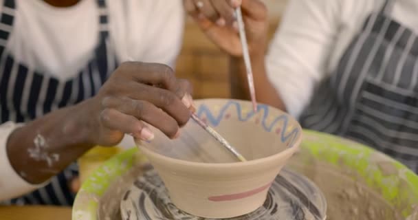 Couple Smiling While Doing Creative Painting Bowls Pottery Workshop Pottering — Stock video