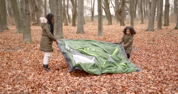 Autumn Season Two Kids Picnic Pretten Black Girls Pputting Camping — ストック動画