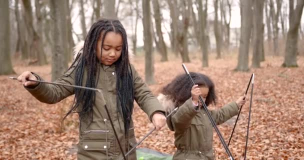 Autumn Season Two Kids Picnic Pretten Black Girls Pputting Camping — Vídeo de stock