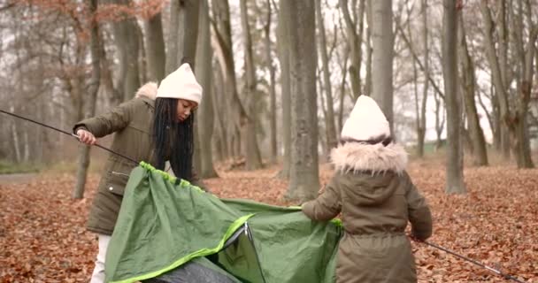 Jesienny Sezon Dwoje Dzieci Pikniku Piękne Czarne Dziewczyny Rozbijające Namiot — Wideo stockowe