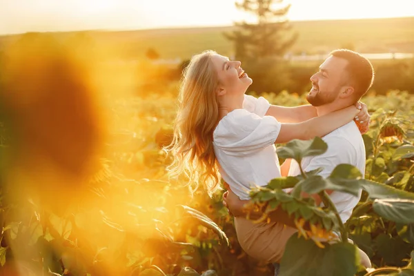 Young Loving Couple Kissing Sunflower Field Portrait Couple Posing Summer — Foto de Stock