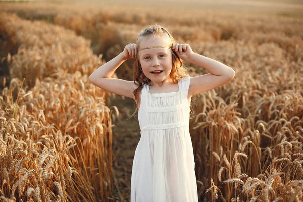 Child Summer Wheat Field Little Girl Cute White Dress —  Fotos de Stock