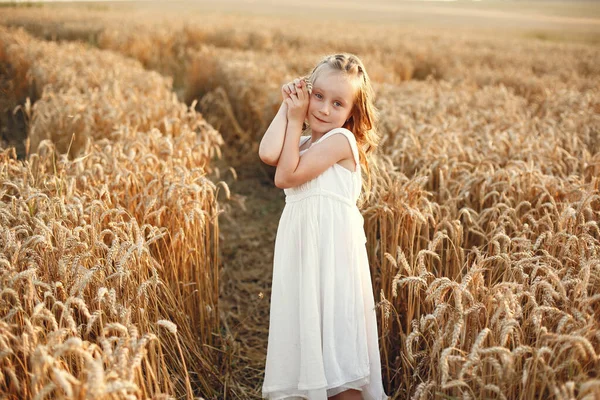 Child Summer Wheat Field Little Girl Cute White Dress — Zdjęcie stockowe