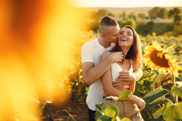 Young Loving Couple Kissing Sunflower Field Portrait Couple Posing Summer — Foto de Stock