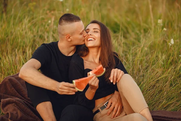 Couple Field Woman Black Blouse Sunset Background People Watermelon — Zdjęcie stockowe