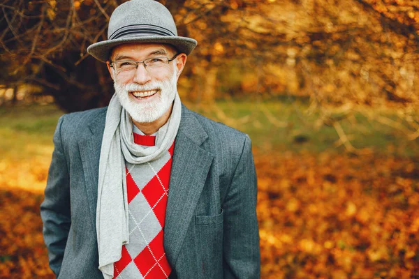 秋の公園でハンサムな祖父 グレーのジャケットと帽子の老人 — ストック写真