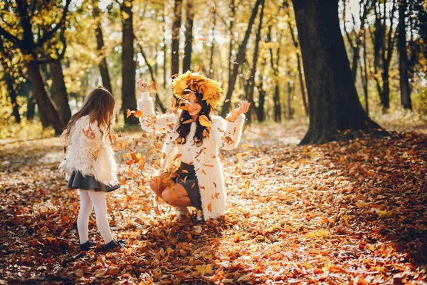 Bela Mãe Com Filha Família Parque Outono Outono Dourado — Fotografia de Stock