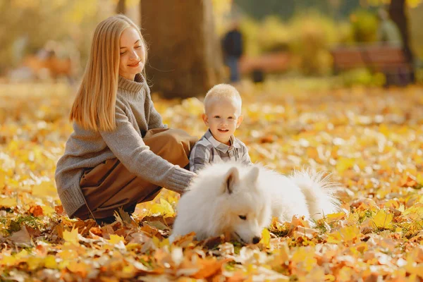 Familie Een Herfstpark Moeder Een Bruine Trui Schattig Jongetje Spelen — Stockfoto