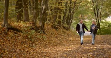 Cheerful young couple walking in the autumn forest. Husband holds curly wifes hand