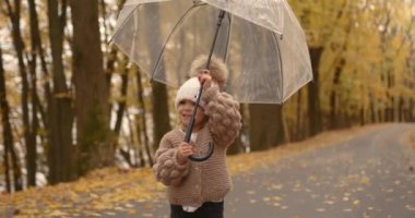 A cheerful little girl child holds a transparent umbrella, has fun with fall leaves and walks in an autumn park in nature on a weekend outdoor.