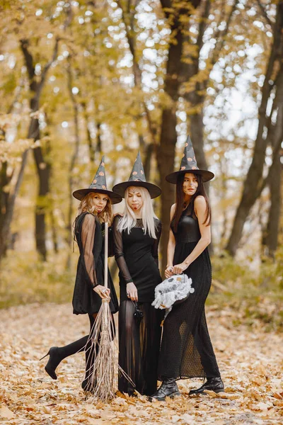 Three young girls witches in forest on Halloween. Girls wearing in black dresses and cone hat. Witch holding a magician stuff.