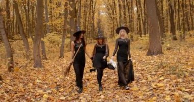 Girls in halloween costumes. Walking in forest. Atumn season.