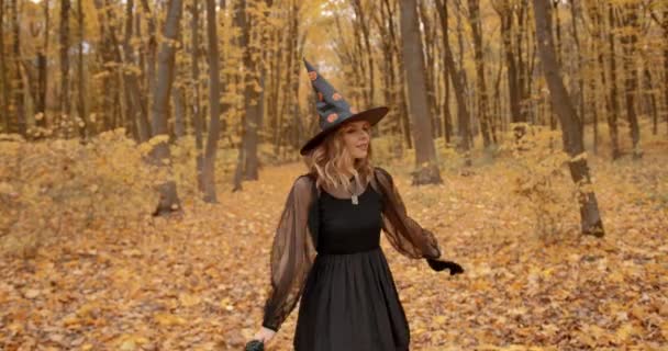 Young Girl Dressed Witch Going Forest Autumn Season Halloween — Videoclip de stoc