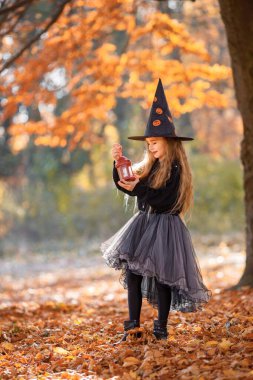 Cute happy little girl dressed in witch costume standing with over autumn forest background. Girl wearing dress and cone hat and holding a lantern. Girl dressed for Halloween.