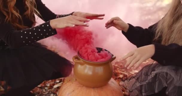 Beautiful Brunette Mom Holding Cute Little Daughter Conjuring Pitcher Pink — Wideo stockowe