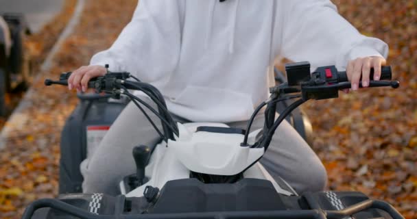 Close Girl White Rides Atv Concept Active Recreation Road Driving — Wideo stockowe