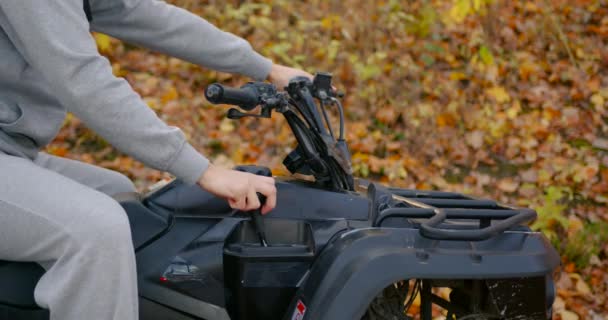 Close View Guy Gray Suit Riding Atv Active Rest Autumn — стоковое видео