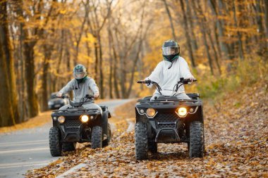 A young caucasian man and woman riding an ATV quad bikes in autumn forest. Two friends maneuvering off-road ATV. Couple wearing grey sportive costumes.