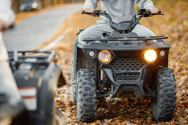 Cropped Photo Quad Bike Young Caucasian Man Woman Riding Atv Foto Stock Royalty Free