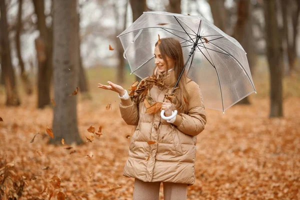 Young Woman Standing Autumn Forest Brunette Woman Holding Transparent Umbrella — Stockfoto