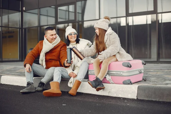 Family Three Going Vacation Man Girl Sitting Luggage Drinking Tea —  Fotos de Stock