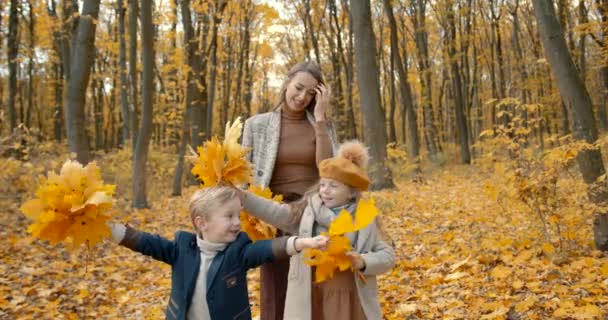 Family Paying Autumn Park Mother Her Son Dauther Having Happy — Video