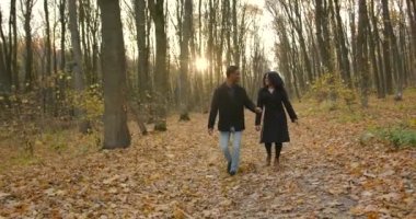 Young people walking together in park in autumn. Man and woman strolling among fallen leaves in a beautiful park.
