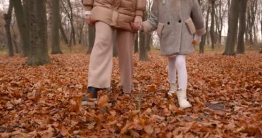 Sonbahar sezonu. Paltolu mutlu anne ve kız ormanda eğleniyor. Güzel sarı sonbahar.
