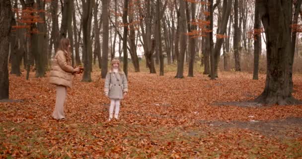 Uma Menina Adorável Com Mãe Brincar Floresta Temporada Outono — Vídeo de Stock