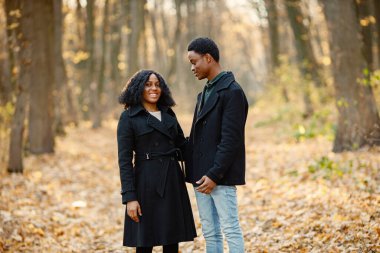Siyah genç adam ve kız arkadaşı el ele tutuşuyor. Sonbahar parkında yürüyen romantik bir çift. Siyah paltolu kadın ve erkek..