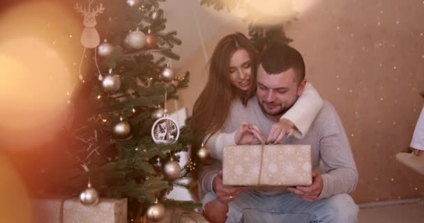 Pareja Cerca Del Árbol Navidad Pareja Romántica Abrazándose Cerca Del — Vídeos de Stock