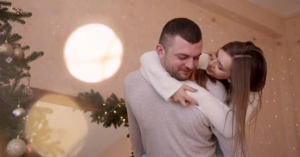 Couple Près Arbre Noël Couple Romantique Étreignant Près Arbre Noël — Video