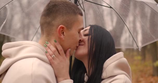 Αγαπώντας Ζευγάρι Φιλιά Κάτω Από Διαφανή Ομπρέλα Φθινόπωρο Χρυσό Δάσος — Αρχείο Βίντεο