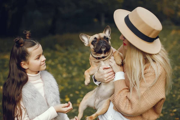 Женщина Маленькая Девочка Собака Играют Веселятся Осеннем Парке Бурый Французский — стоковое фото