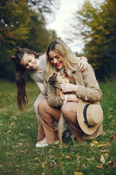 Donna Bambina Cane Che Giocano Nel Parco Autunnale Bulldog Francese — Foto Stock