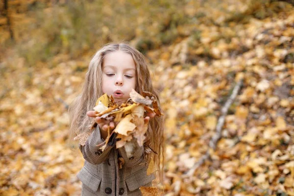 Little Girl Fashion Clothes Walking Autumn Park Girl Throw Yellow — Stock Photo, Image