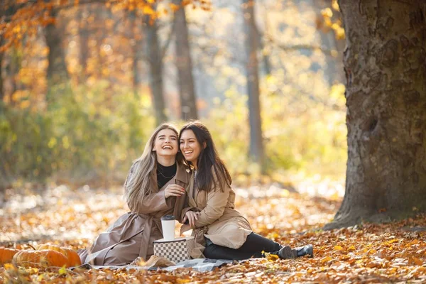 两个漂亮的女性朋友花时间在草地上的野餐毛毯上 两个笑着的妹妹在秋天的公园里野餐吃羊角面包 穿着外套的布鲁内特和金发女孩 — 图库照片