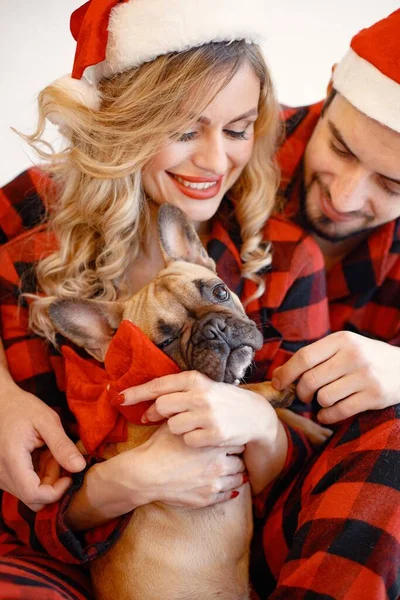 Portrait of lovely couple celebrating christmas with dog. Blonde woman and brunette man wearing plaid pajamas. French bulldog with his family.