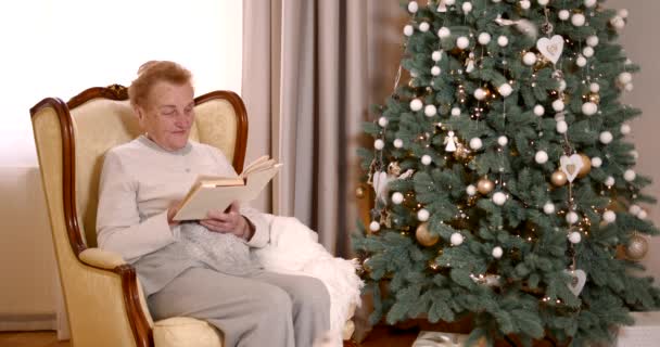 Portrait Old Woman Reading Book Christmas Tree Elderly People — Stock Video