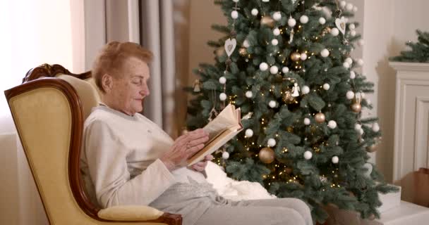 Porträt Einer Alten Frau Die Ein Buch Neben Dem Weihnachtsbaum — Stockvideo