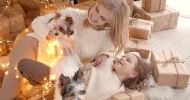 Happy Child Mother Speanding Time Together Christmas Cute Puppy Them — Stock Video