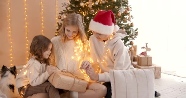 Fiatal Család Földön Karácsonyi Díszterem Boldog Szülők Lányuk Kutyájuk Otthon — Stock videók