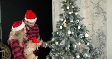 Kırmızı pijamalı bir adam ve Noel Baba şapkalı bir kadın birlikte vakit geçiriyorlar. Xmas Tree4k 'ün yanında otururken Fransız bulldogla oynarken eğleniyorum..