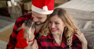 Evli çift Noel 'i rahat bir evde kutluyor. Yatağa uzanıp sarılıyorlar, köpekleriyle oynuyorlar.