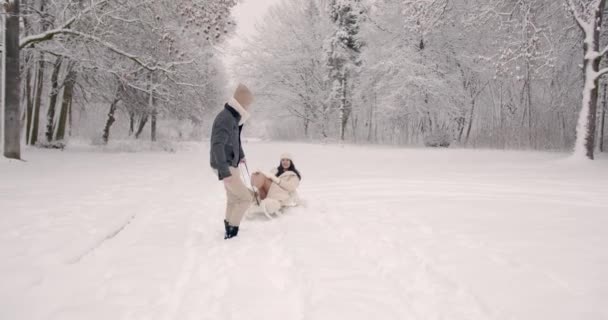 冬休み 男は冬の森や公園で彼のガールフレンドとそりを引く — ストック動画