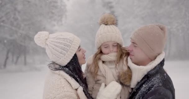 Πατέρας Και Μητέρα Μικρό Παιδί Στη Χειμερινή Φύση Στέκονται Στο — Αρχείο Βίντεο