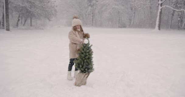 Criança Elegante Que Fica Perto Planta Árvore Natal Floresta Nevada — Vídeo de Stock