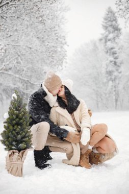 Genç bir adam ve bir kadın tencerede küçük bir Noel ağacı taşıyor. Kışın sıcak ceketli romantik bir çift parkta yürüyor ve sarılıyorlar. Kış kıyafetleri ve örgü şapkalar giyen kadın ve erkek..
